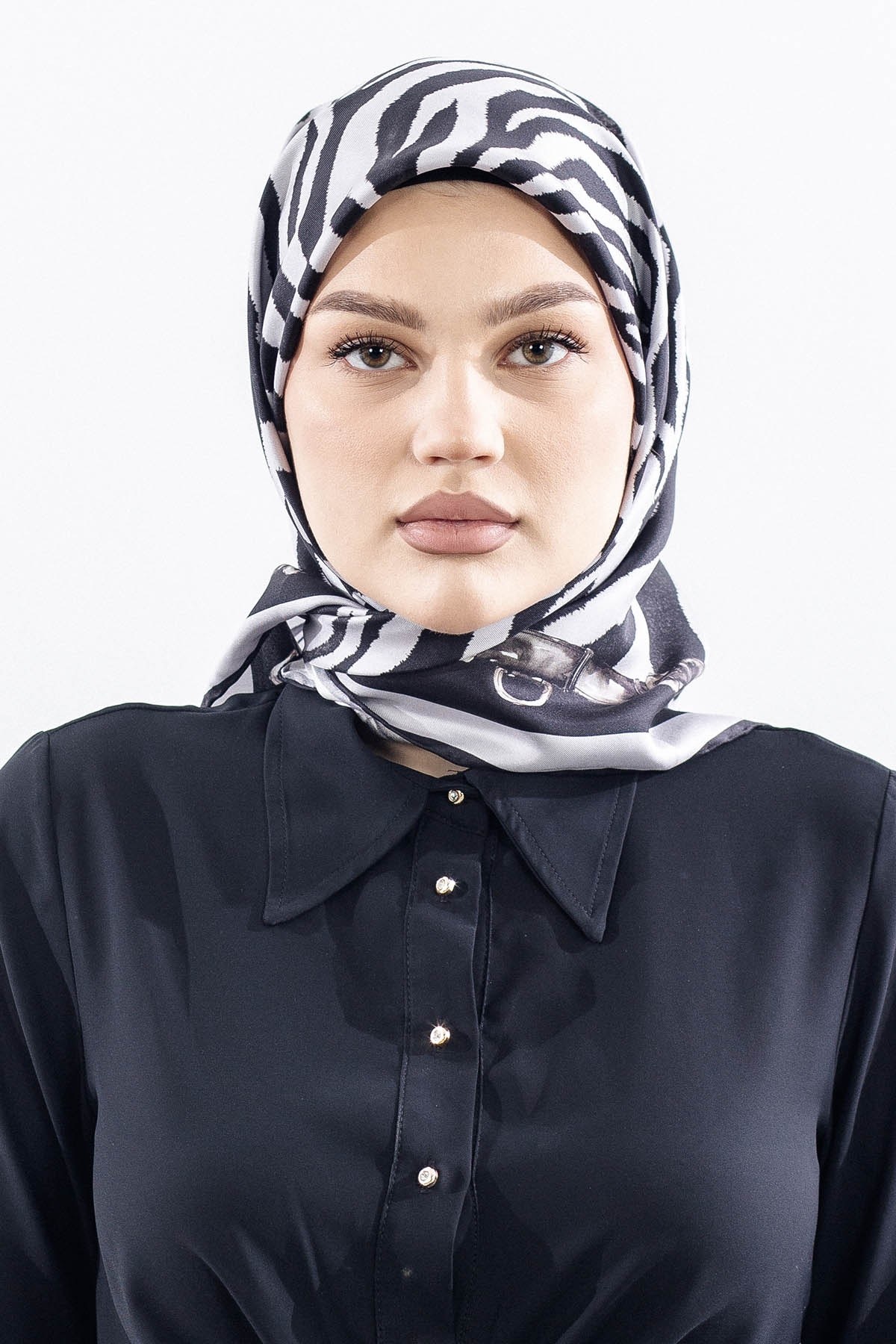 Dg14827 İpek Eşarp Twill Kumaş Zincir Zebra Desen - Gri