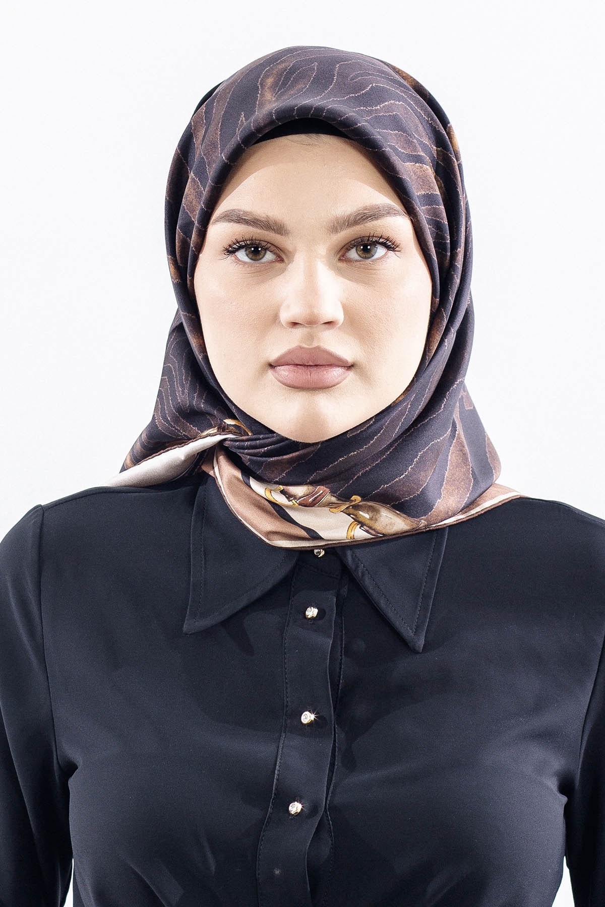 Dg14827 İpek Eşarp Twill Kumaş Zincir Zebra Desen - Kahve