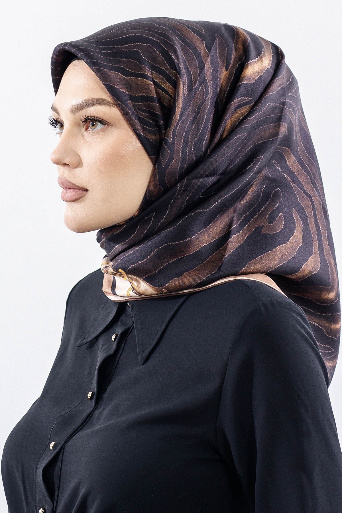 Dg14827 İpek Eşarp Twill Kumaş Zincir Zebra Desen - Kahve