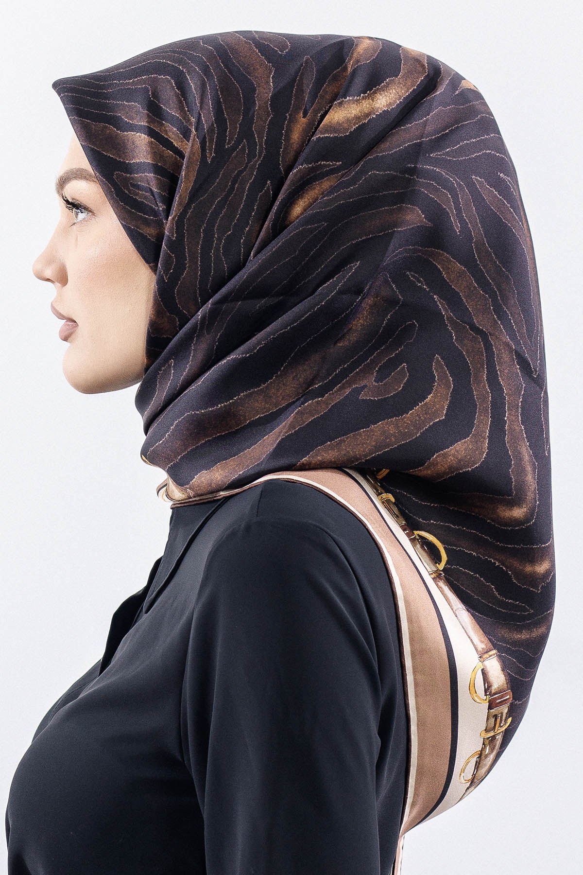 Dg14827 İpek Eşarp Twill Kumaş Zincir Zebra Desen - Kahve