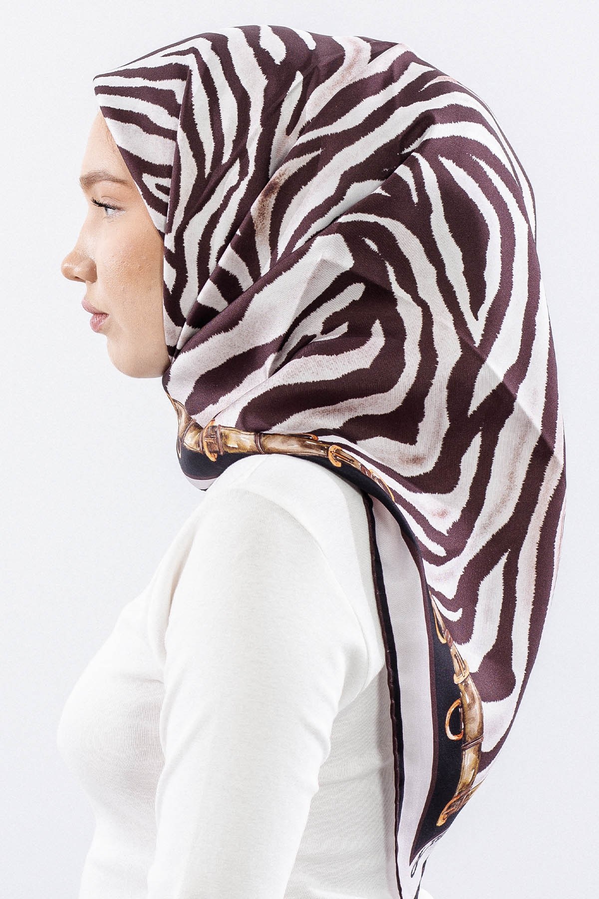 Dg14827 İpek Eşarp Zebra Desen Twill Kumaş - Gri Kahve
