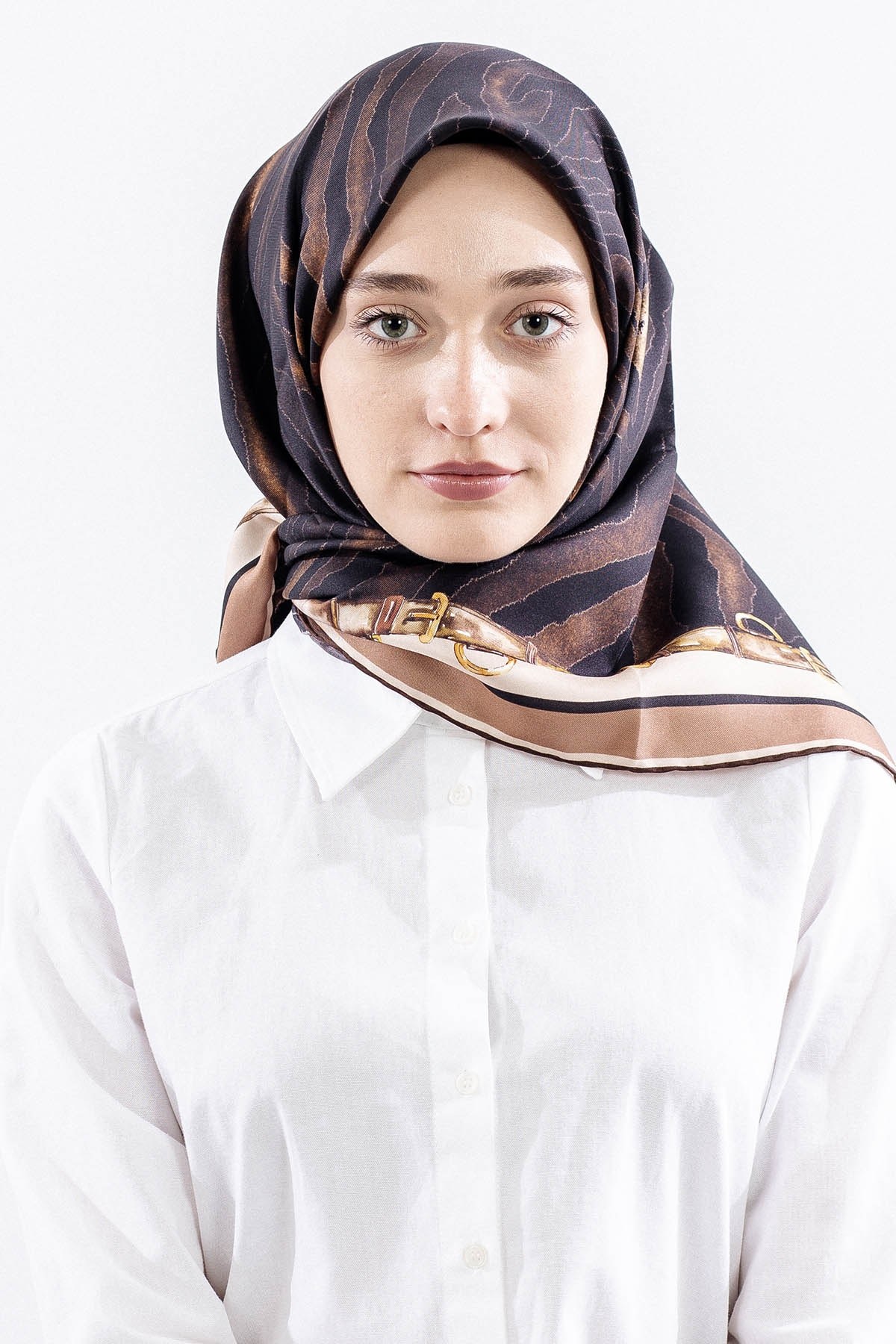 Dg14827 İpek Eşarp Zebra Desen Twill Kumaş - Kahve