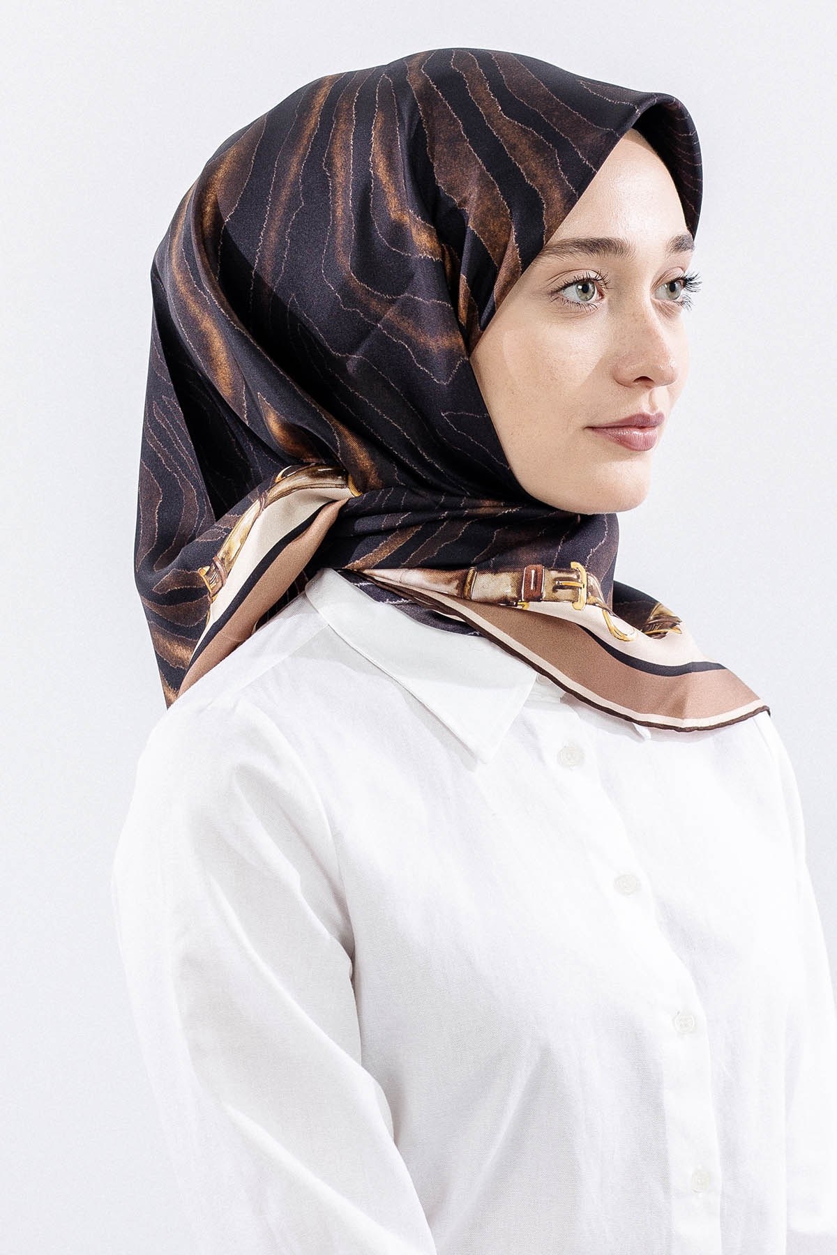 Dg14827 İpek Eşarp Zebra Desen Twill Kumaş - Kahve