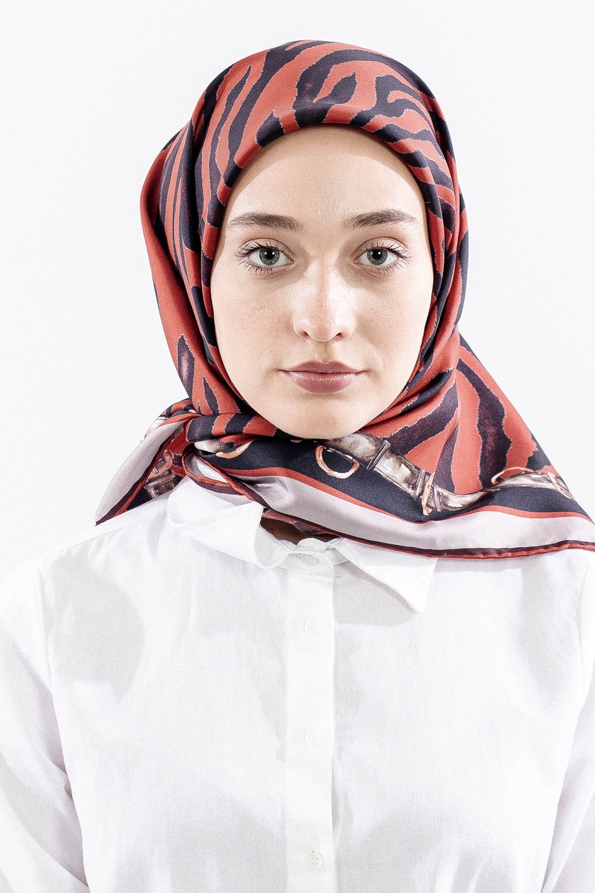 Dg14827 İpek Eşarp Zebra Desen Twill Kumaş - Kiremit