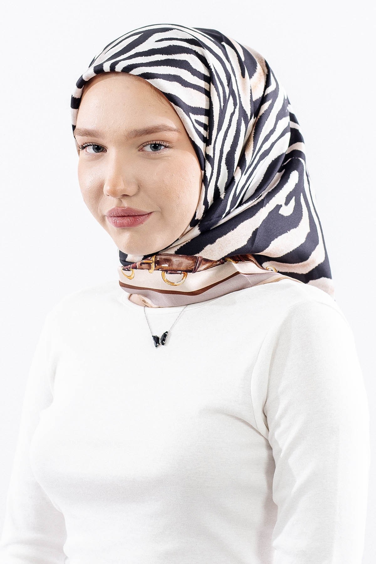 Dg14827 İpek Eşarp Zebra Desen Twill Kumaş - Vizon
