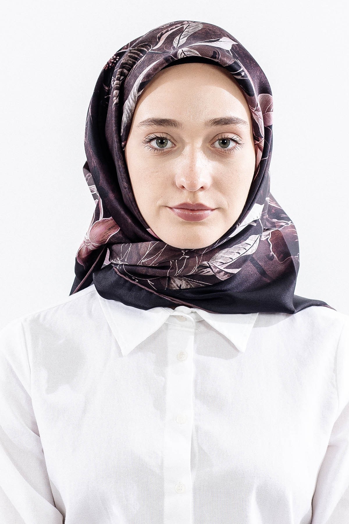 Dg14828 İpek Eşarp Çiçek Dalı Twill Kumaş - Kahve