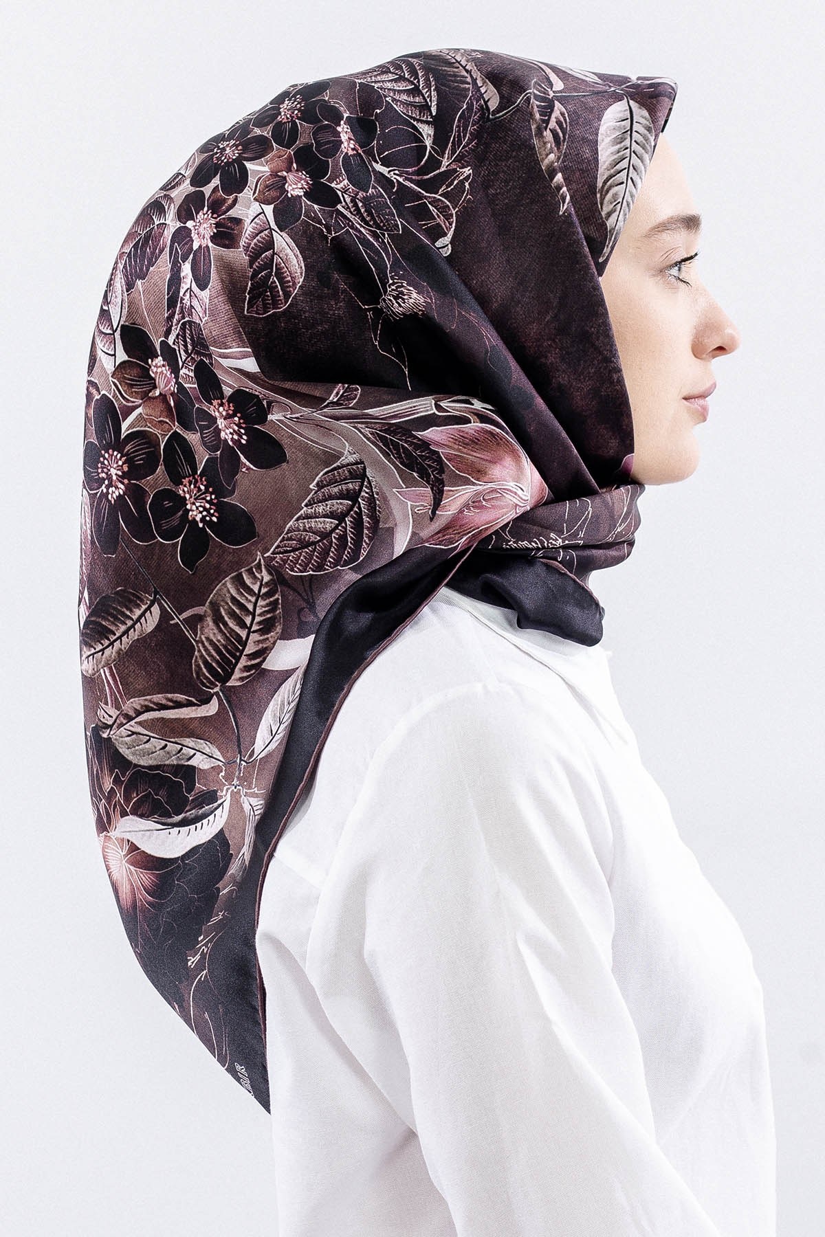Dg14828 İpek Eşarp Çiçek Dalı Twill Kumaş - Kahve