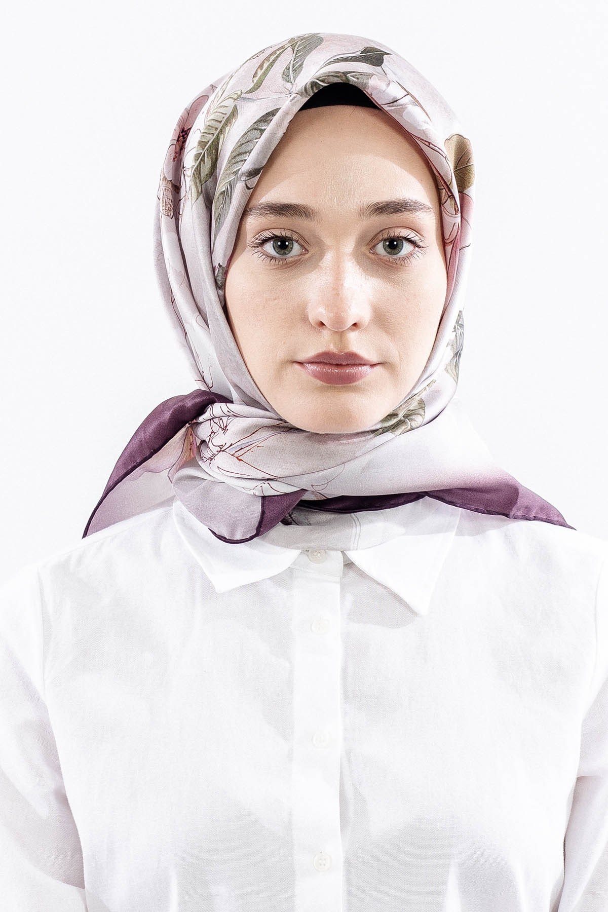 Dg14828 İpek Eşarp Çiçek Dalı Twill Kumaş - Mürdüm