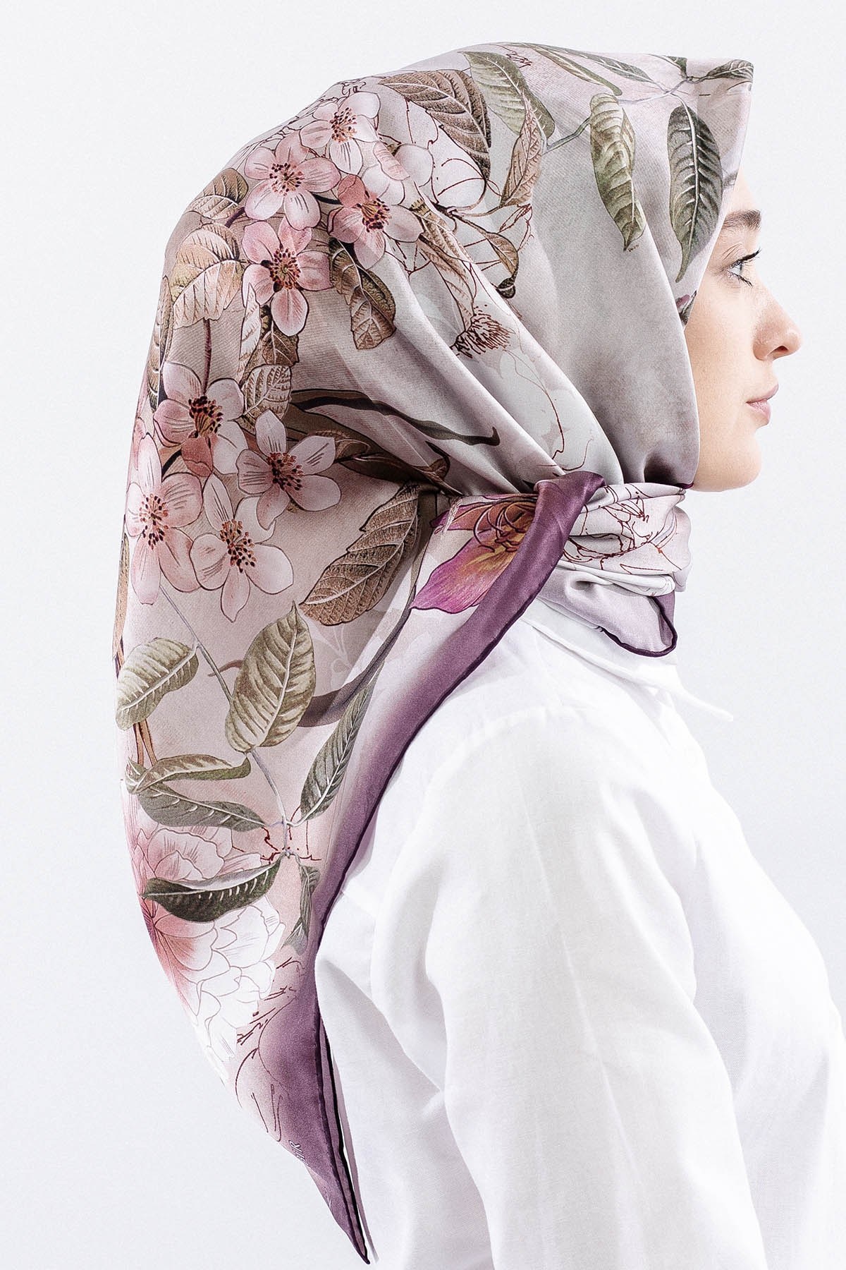 Dg14828 İpek Eşarp Çiçek Dalı Twill Kumaş - Mürdüm