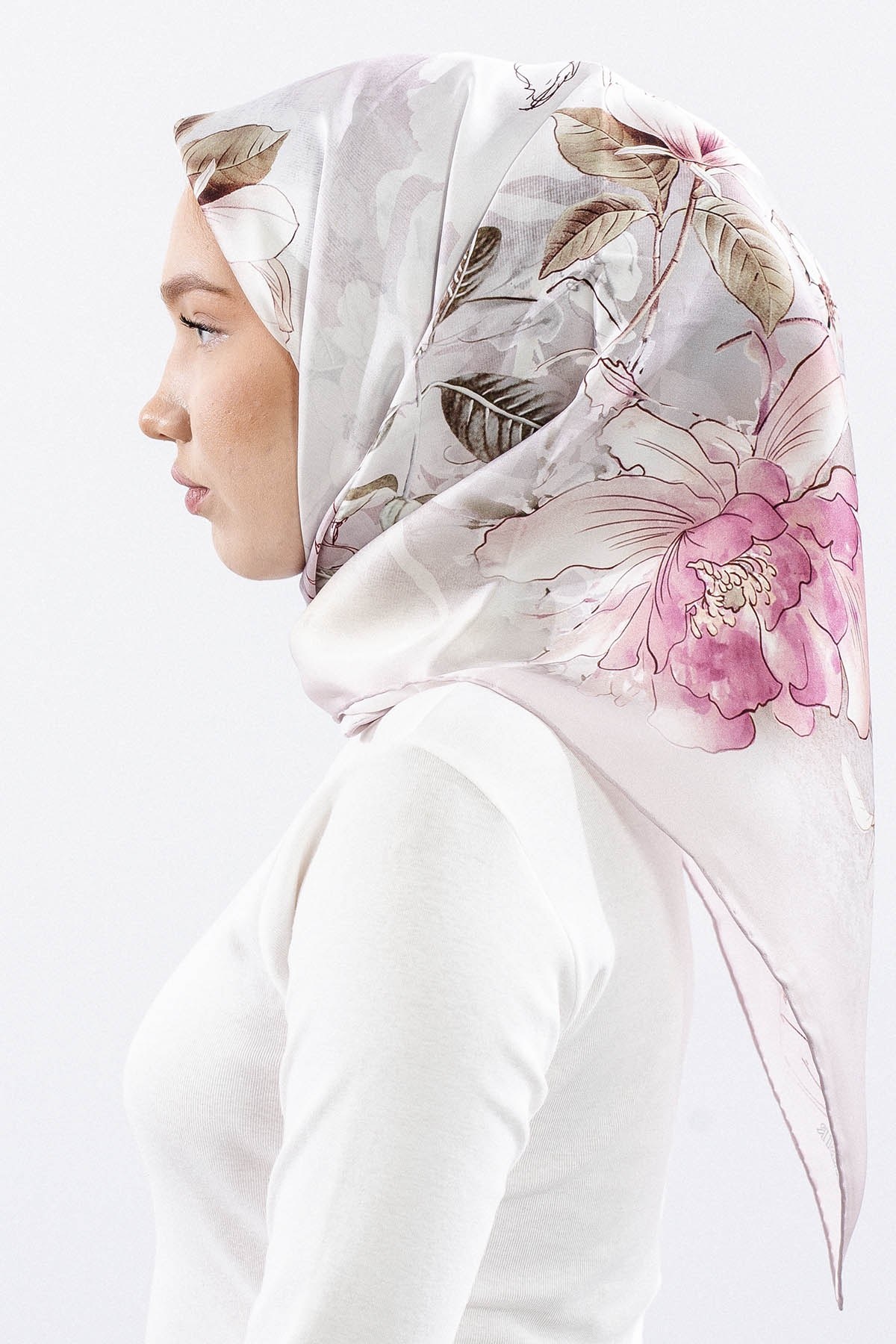 Dg14828 İpek Eşarp Çiçek Dalı Twill Kumaş - Pudra
