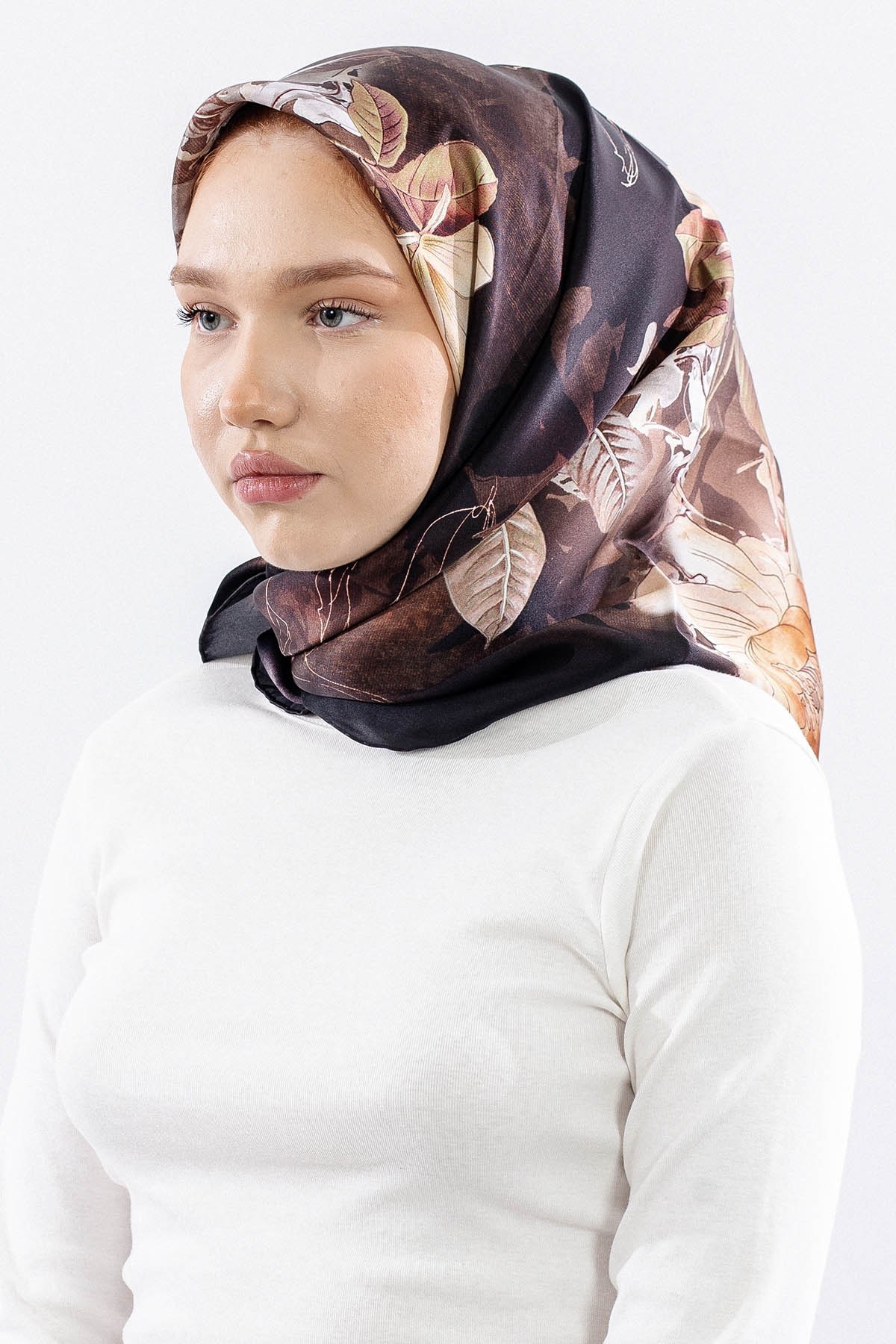 Dg14828 İpek Eşarp Çiçek Dalı Twill Kumaş - Vizon