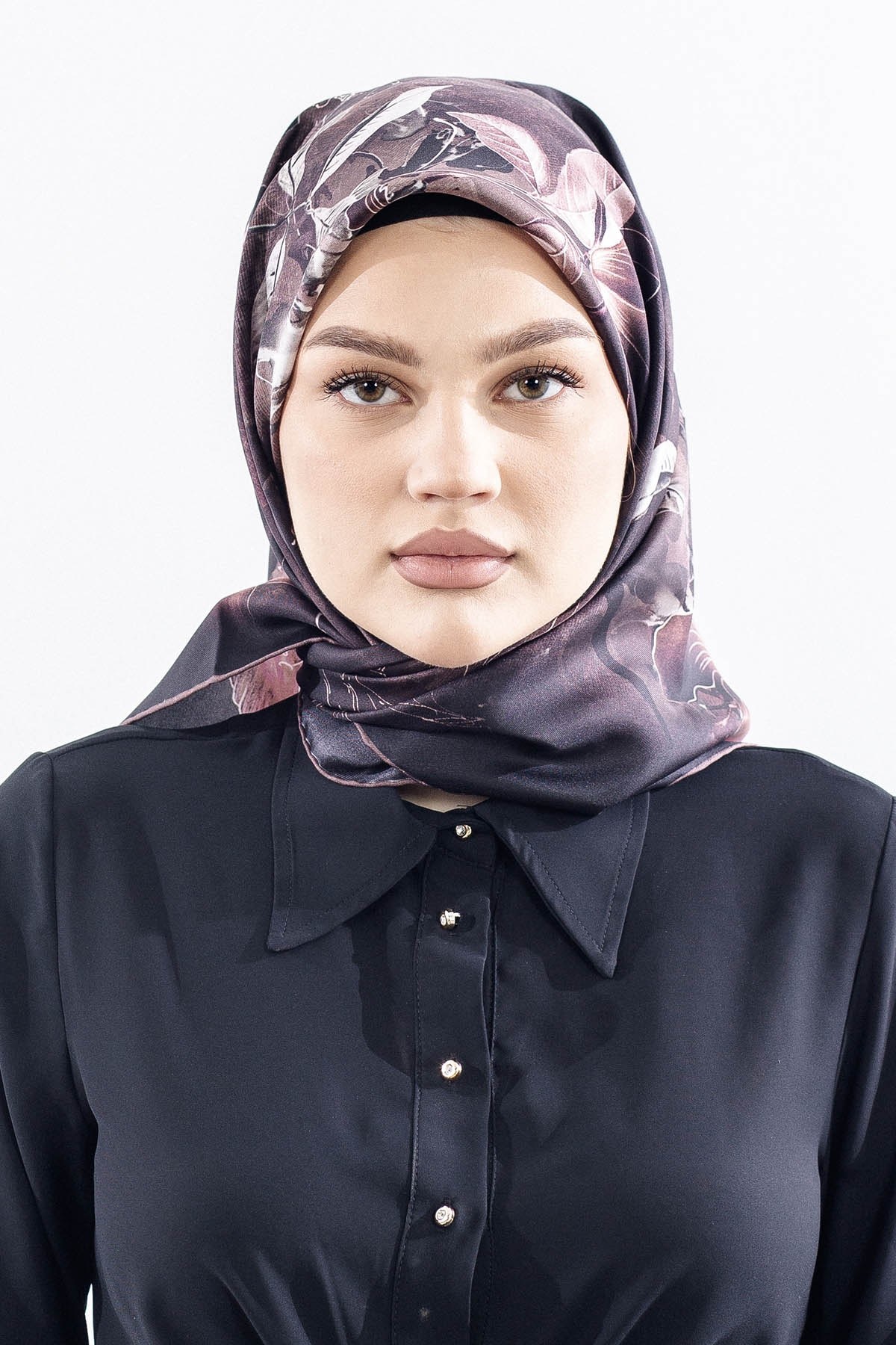 Dg14828 İpek Eşarp Sura Kumaş Çiçek Dalı - Kahve