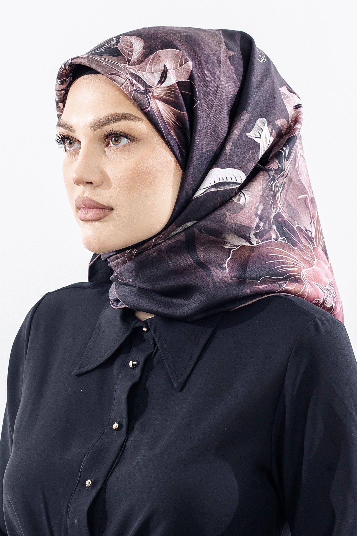 Dg14828 İpek Eşarp Sura Kumaş Çiçek Dalı - Kahve