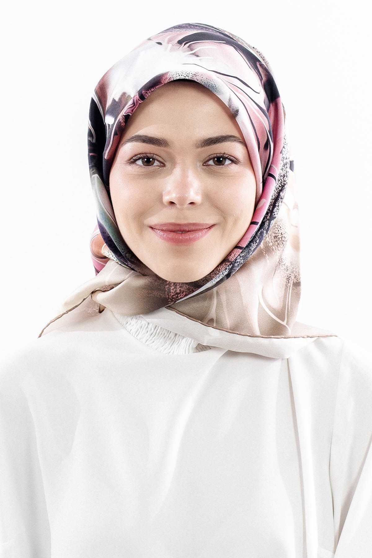 Dg18318 İpek Eşarp Geniş Çiçek Twill Kumaş - Bej