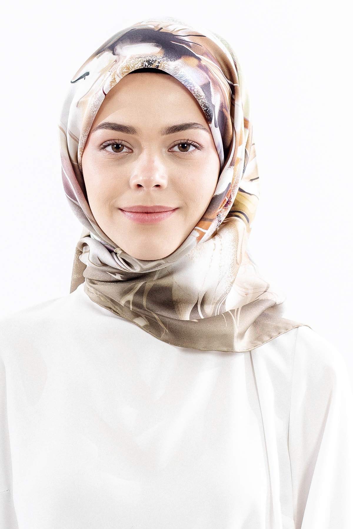Dg18318 İpek Eşarp Geniş Çiçek Twill Kumaş - Haki