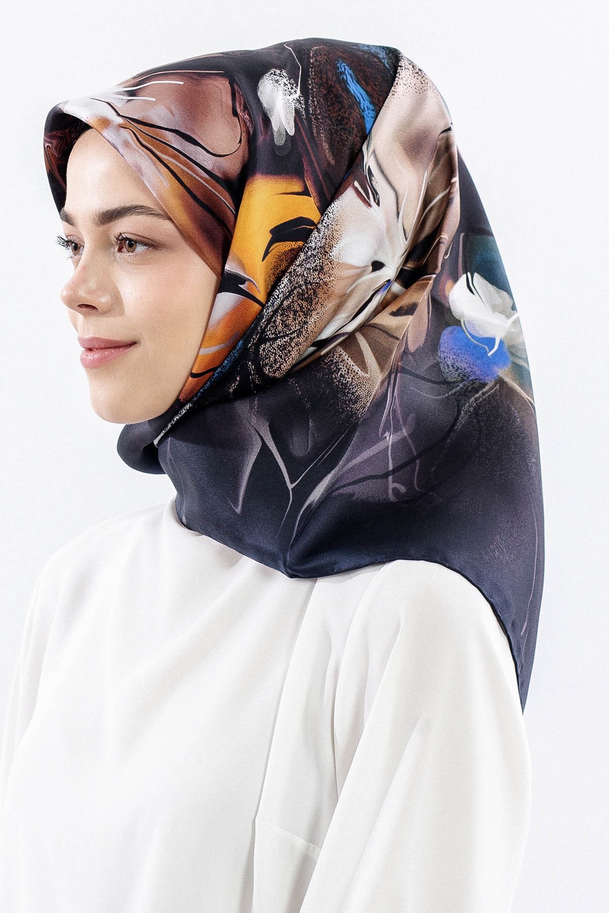 Dg18318 İpek Eşarp Geniş Çiçek Twill Kumaş - Lacivert