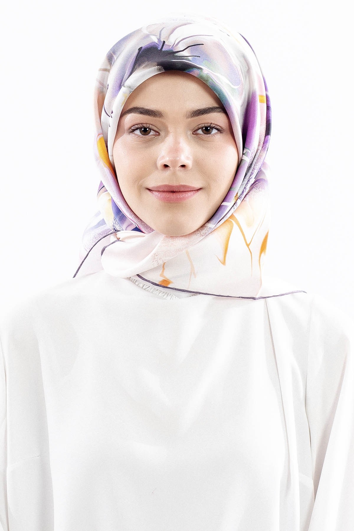 Dg18318 İpek Eşarp Geniş Çiçek Twill Kumaş - Lila