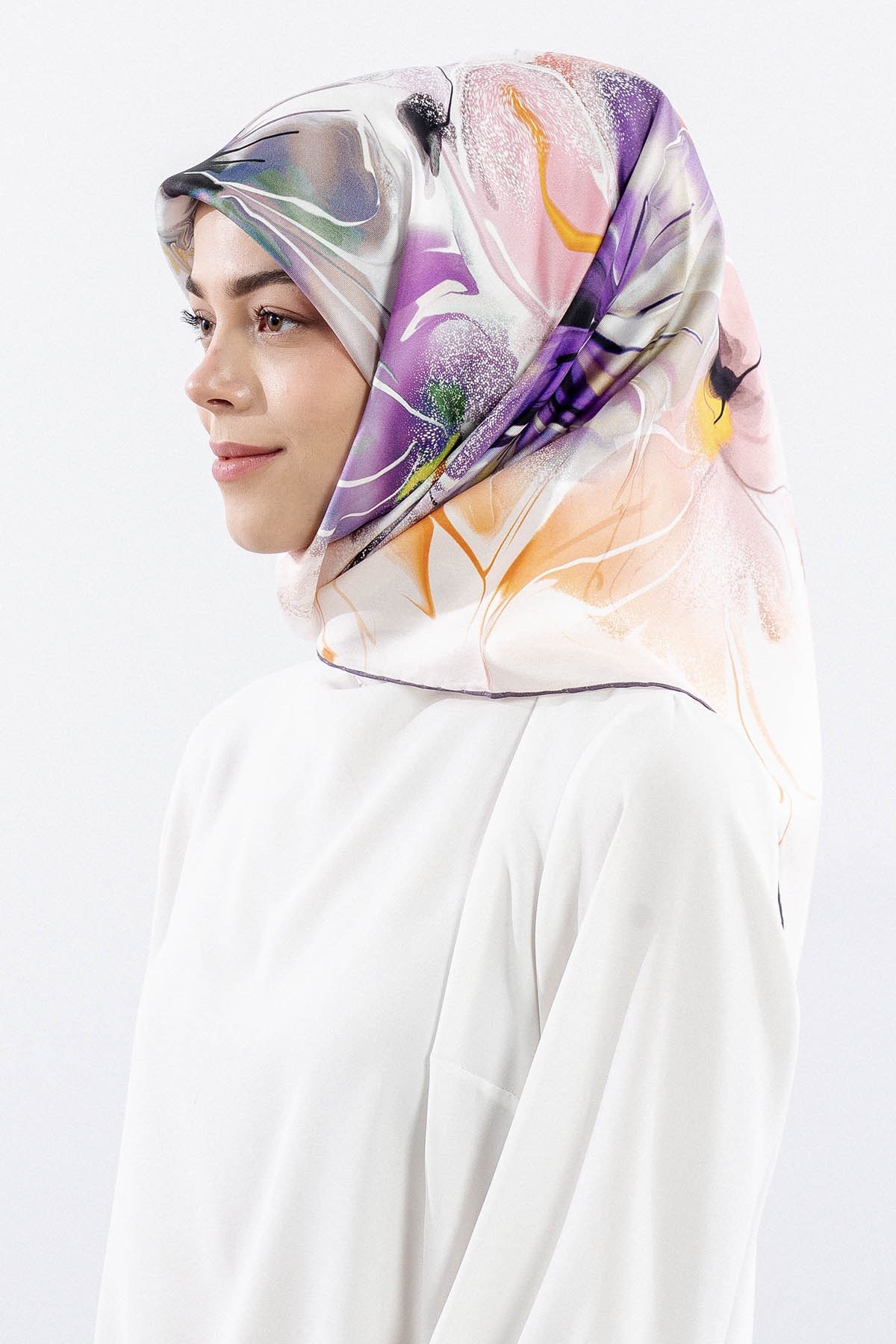 Dg18318 İpek Eşarp Geniş Çiçek Twill Kumaş - Lila