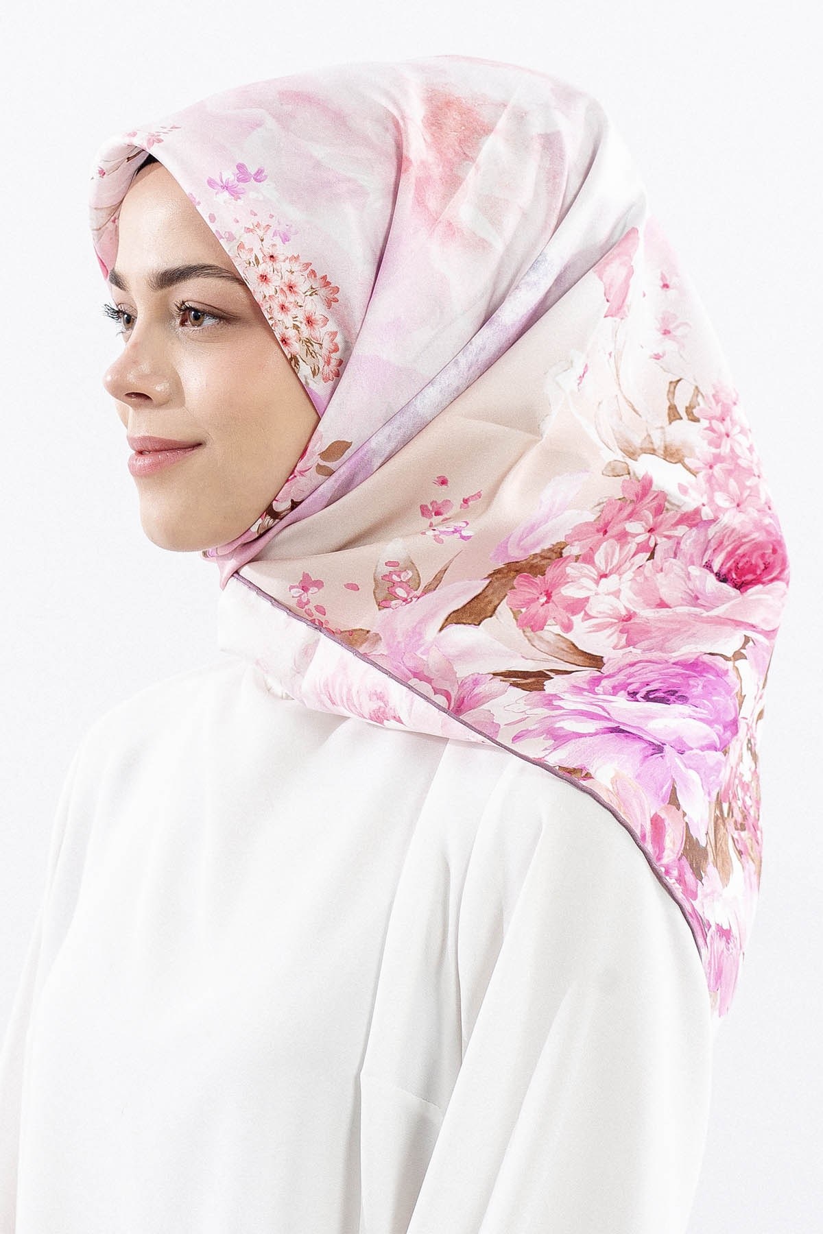 Dg18335 İpek Eşarp Çiçek Twill Kumaş - Lila