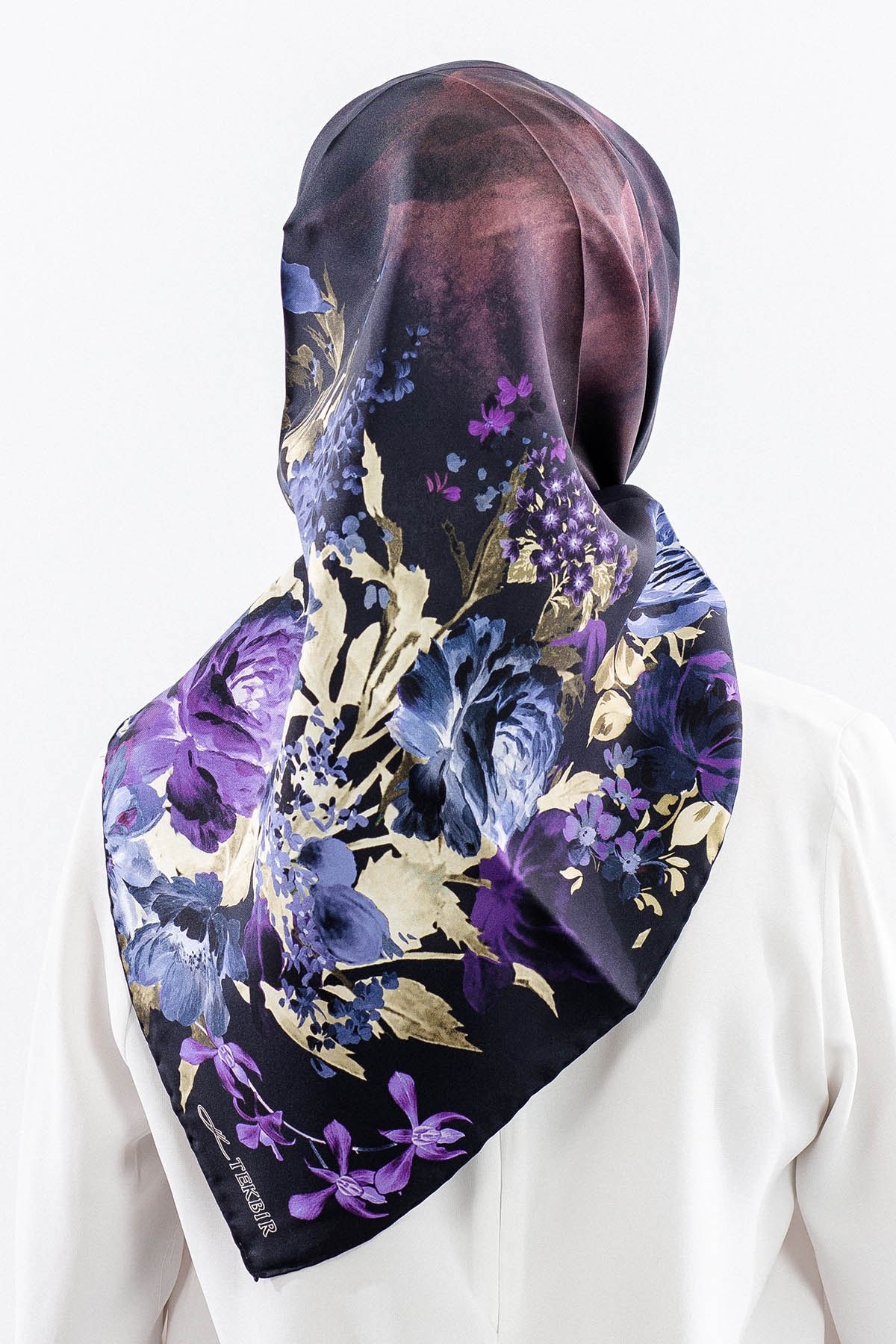 Dg18335 İpek Eşarp Çiçek Twill Kumaş - Siyah