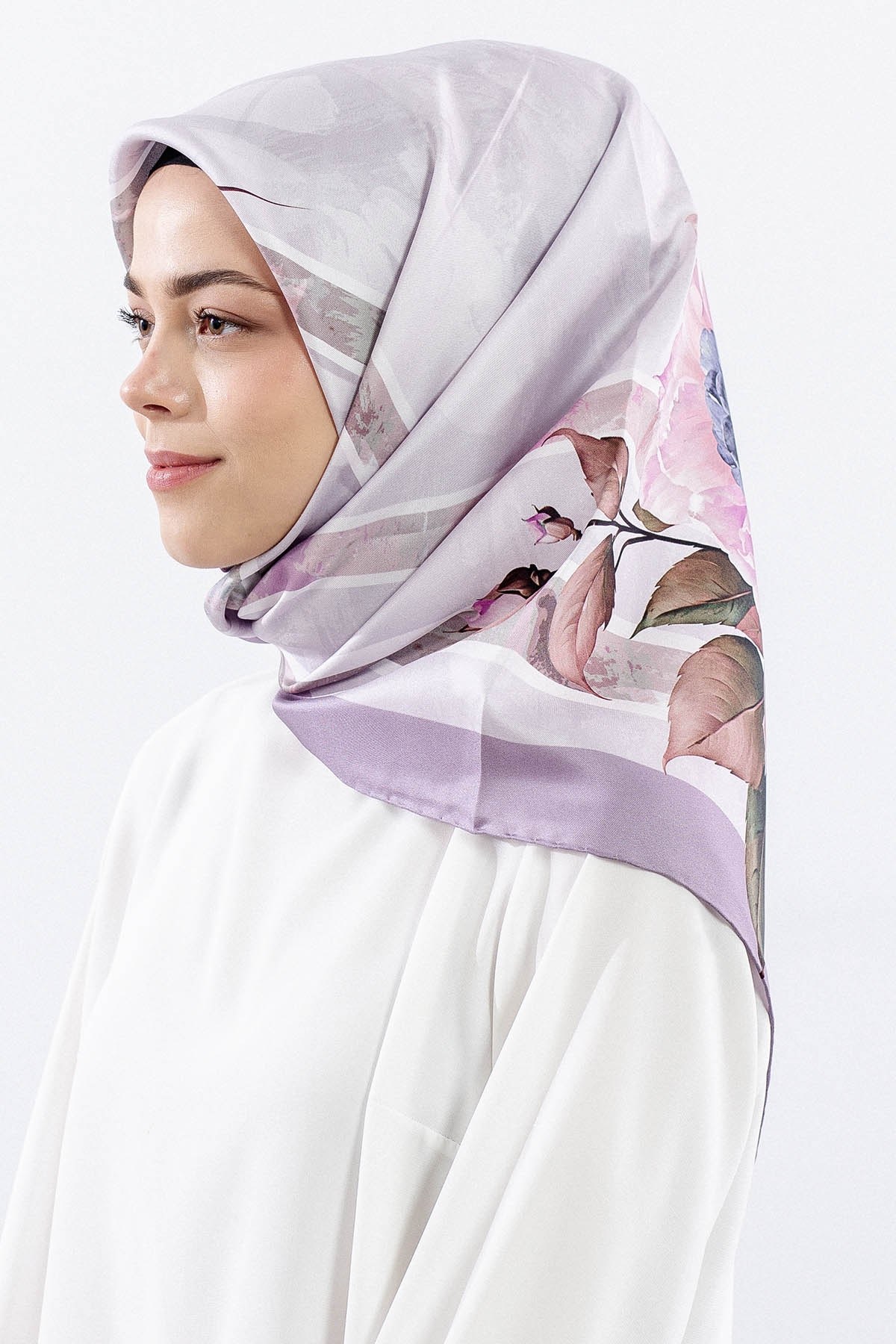 Dg18337 İpek Eşarp Çizgili Çiçek Twill Kumaş - Lila