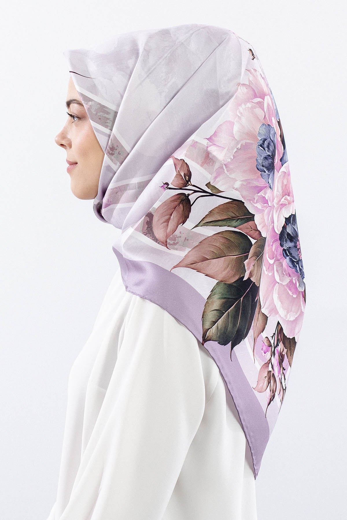 Dg18337 İpek Eşarp Çizgili Çiçek Twill Kumaş - Lila