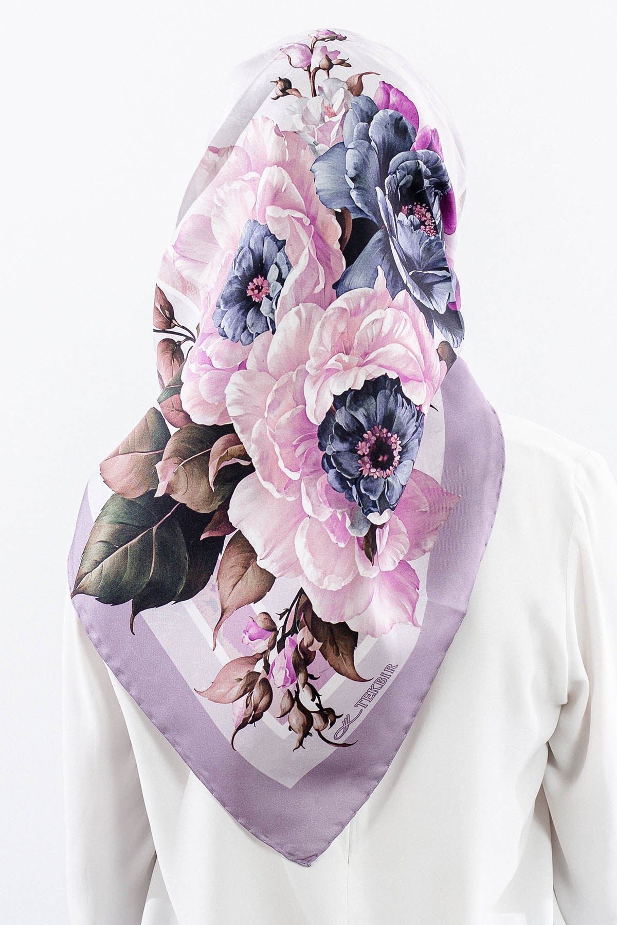 Dg18337 İpek Eşarp Çizgili Çiçek Twill Kumaş - Lila