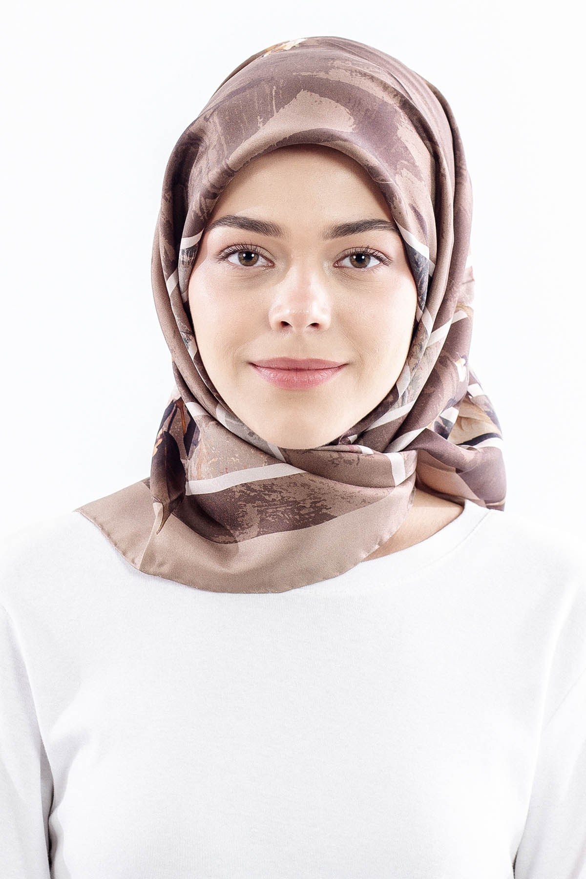 Dg18337 İpek Eşarp Çizgili Çiçek Twill Kumaş - Vizon
