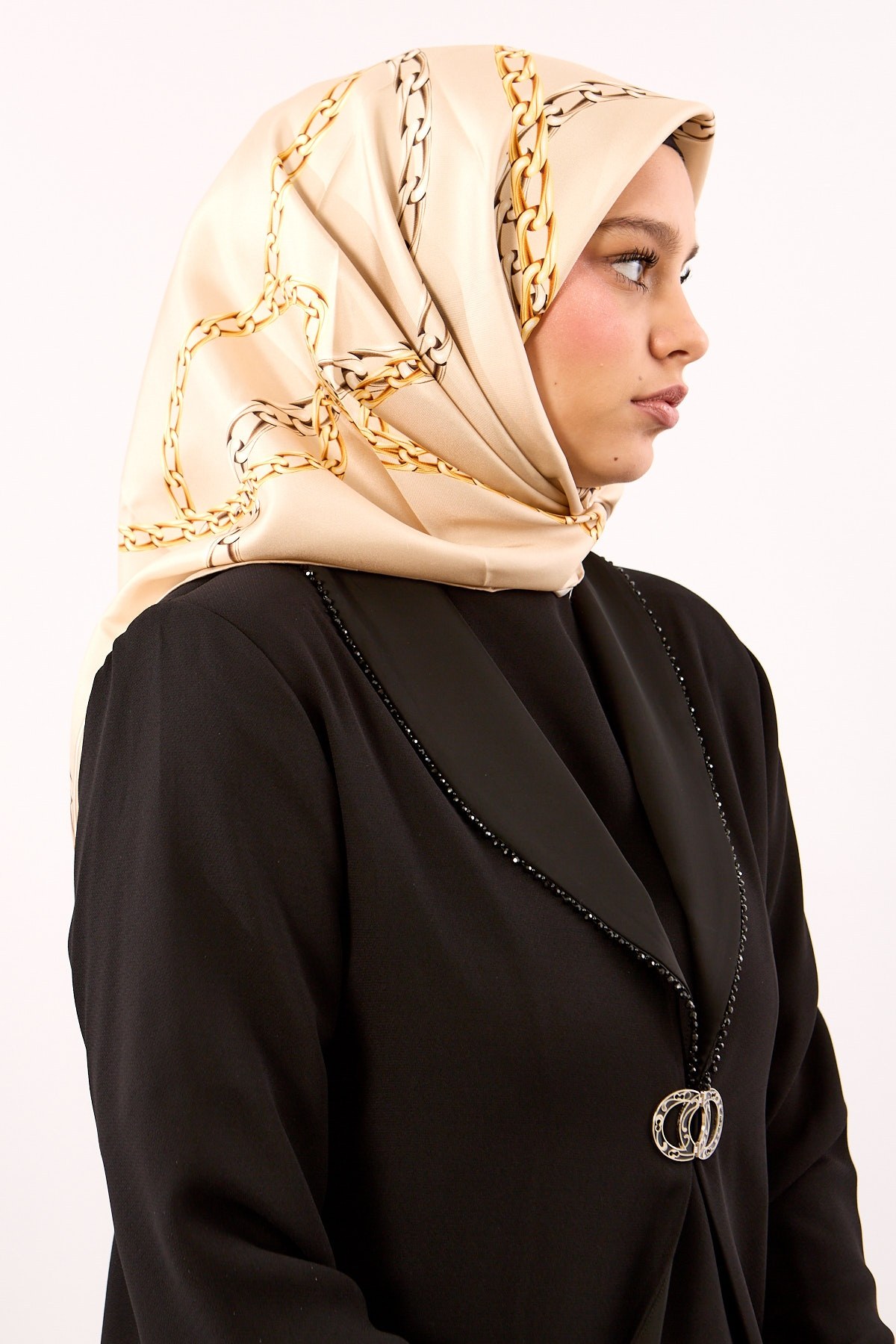 Dg18338 İpek Eşarp Twill Kumaş Zincir Desen - Bej
