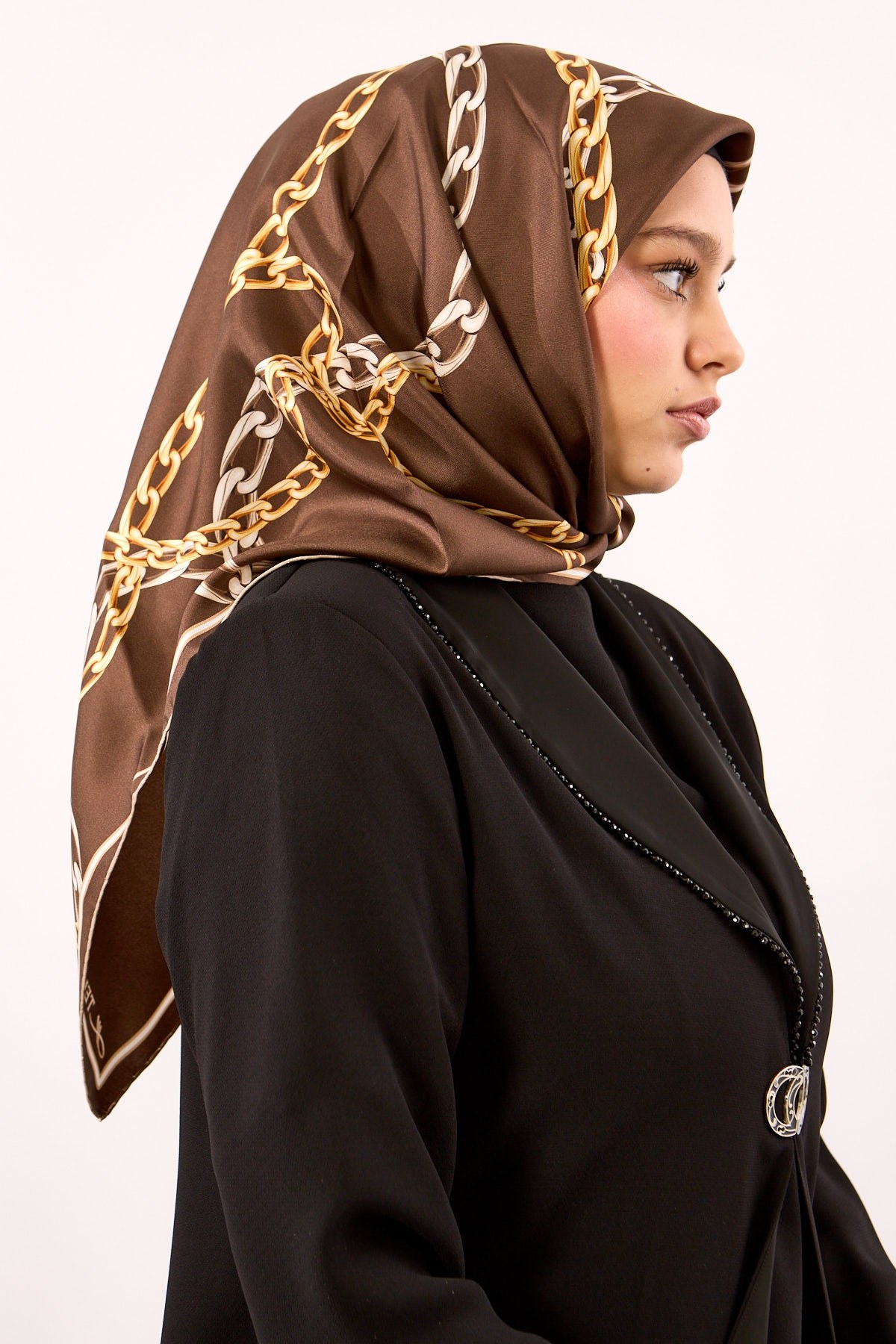Dg18338 İpek Eşarp Twill Kumaş Zincir Desen - Kahve