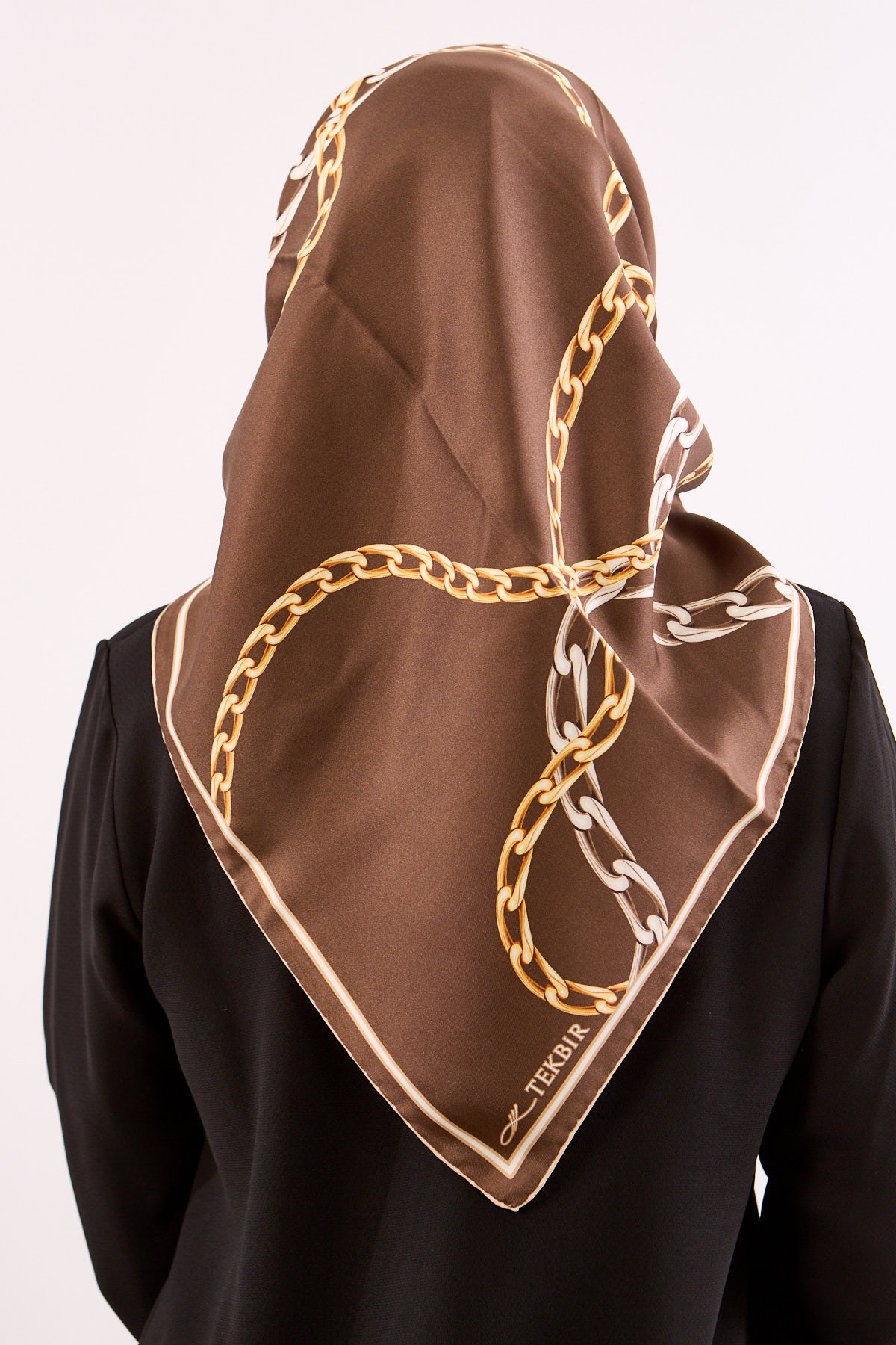 Dg18338 İpek Eşarp Twill Kumaş Zincir Desen - Kahve