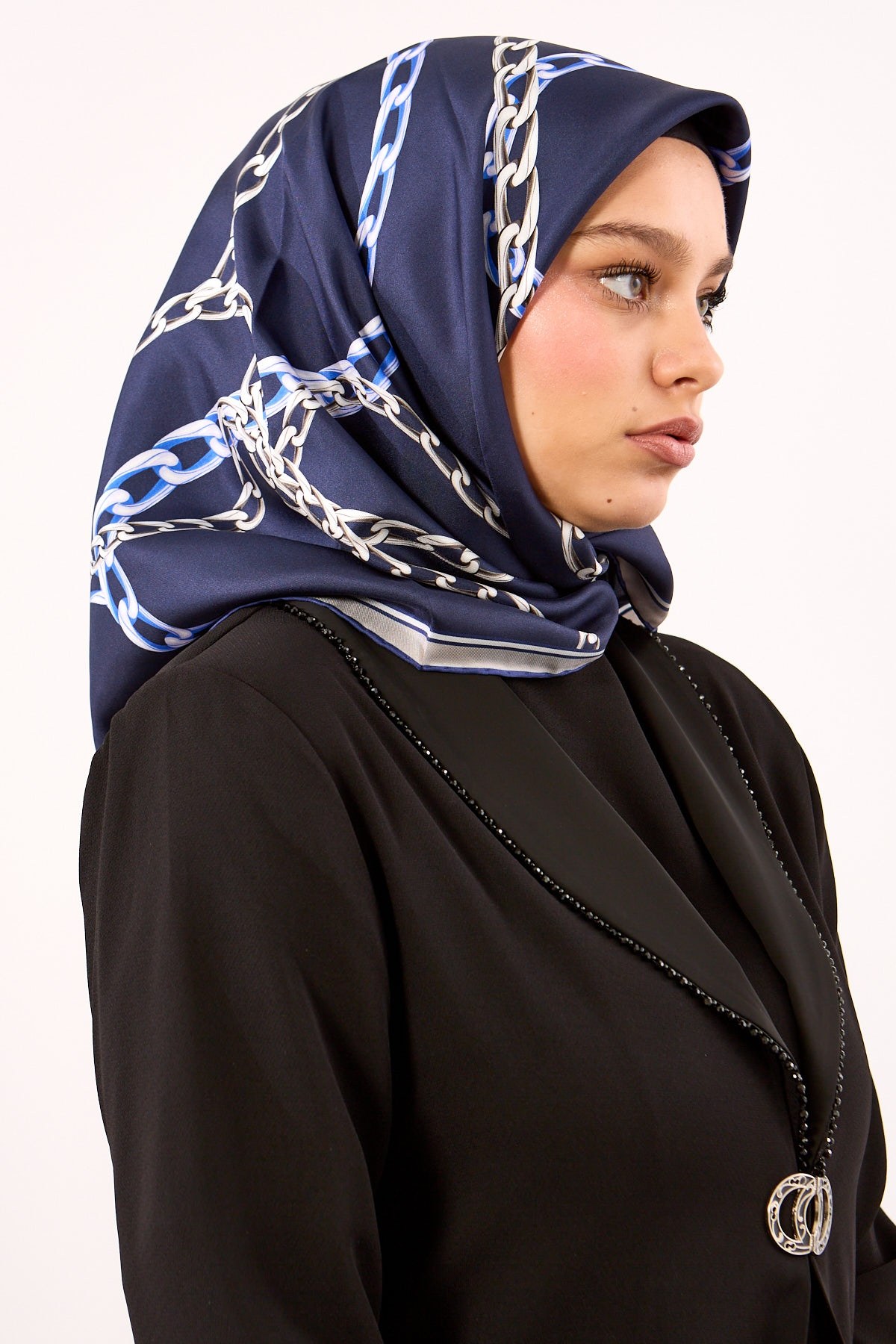 Dg18338 İpek Eşarp Twill Kumaş Zincir Desen - Lacivert Gri
