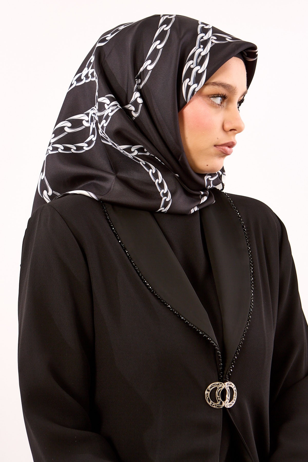 Dg18338 İpek Eşarp Twill Kumaş Zincir Desen - Siyah Gri