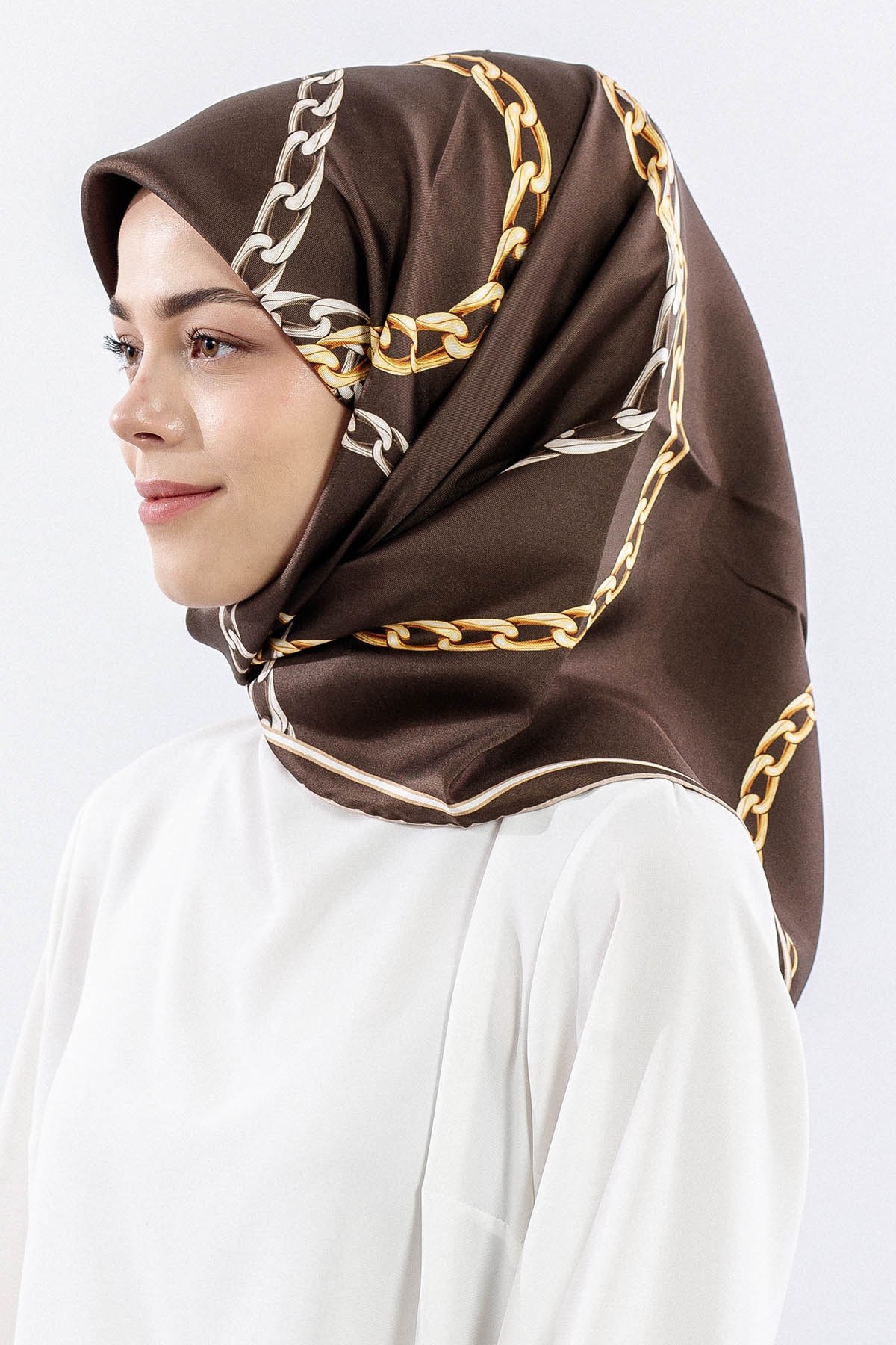 Dg18338 İpek Eşarp Zincir Twill Kumaş - Kahve