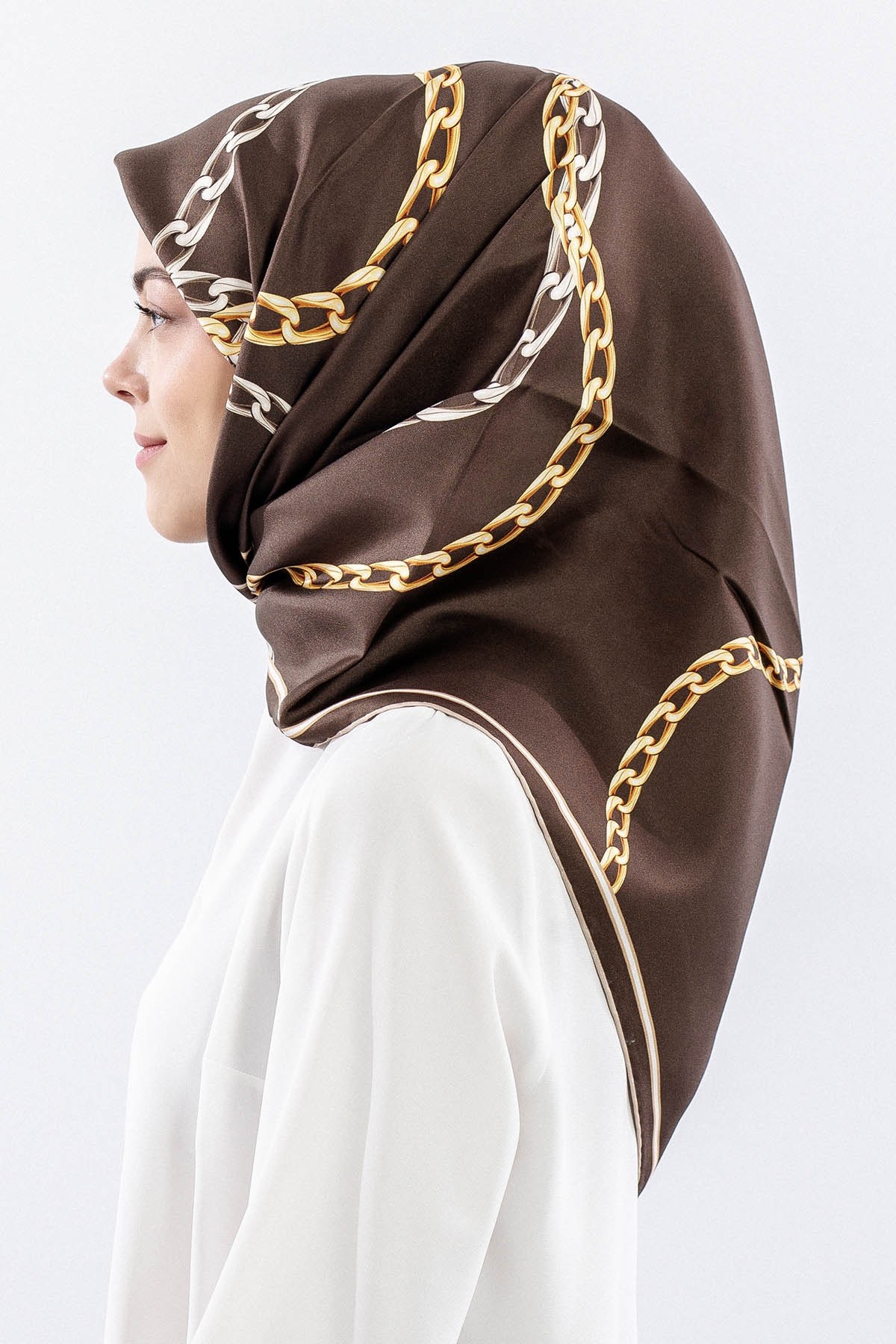 Dg18338 İpek Eşarp Zincir Twill Kumaş - Kahve
