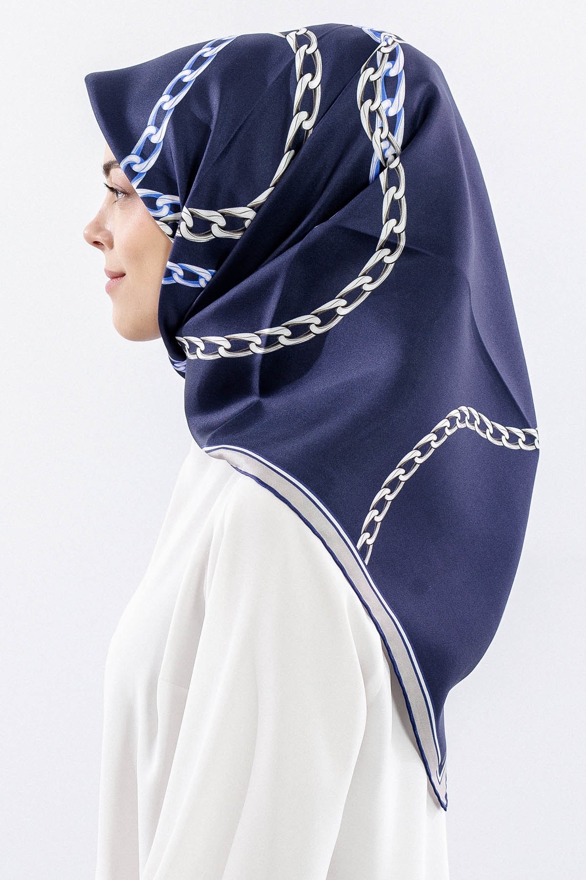 Dg18338 İpek Eşarp Zincir Twill Kumaş - Lacivert Gri