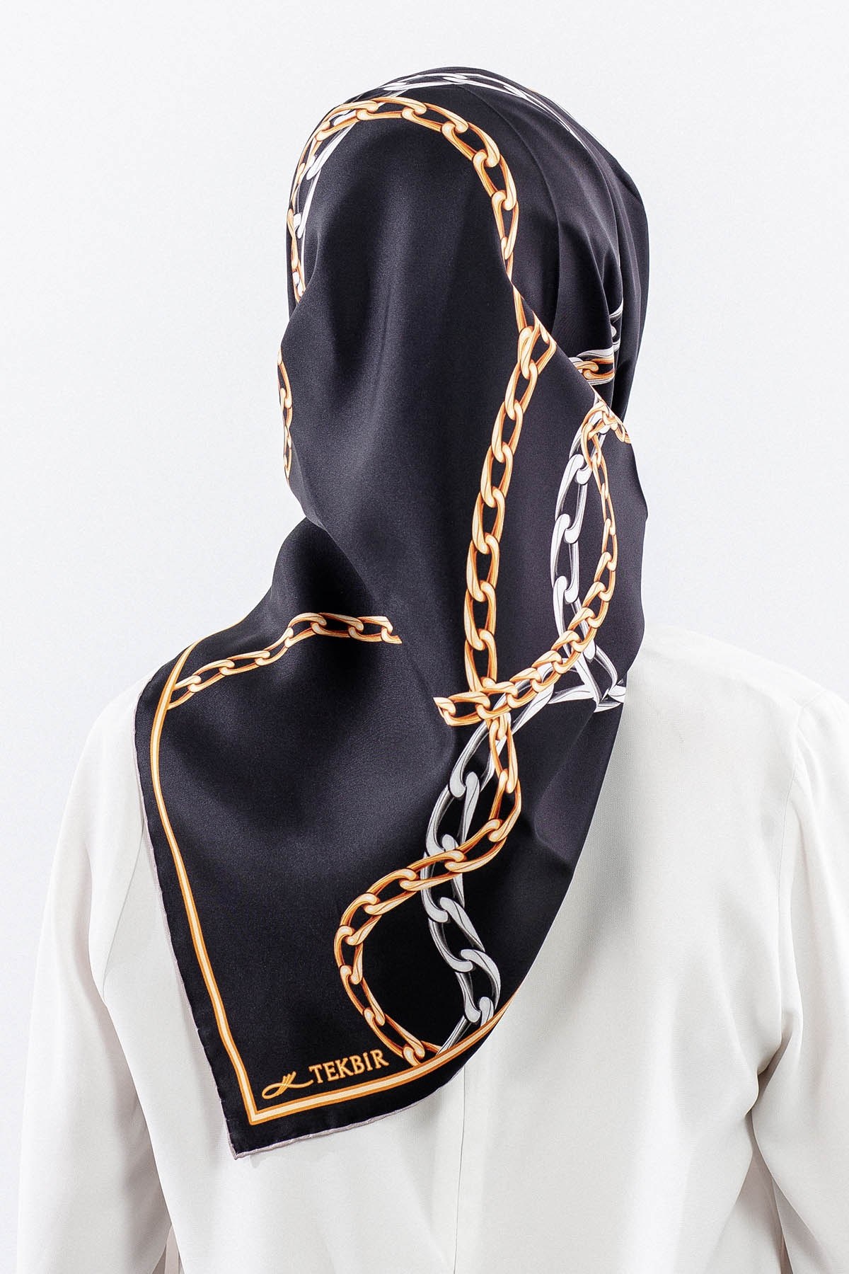 Dg18338 İpek Eşarp Zincir Twill Kumaş - Siyah Gold
