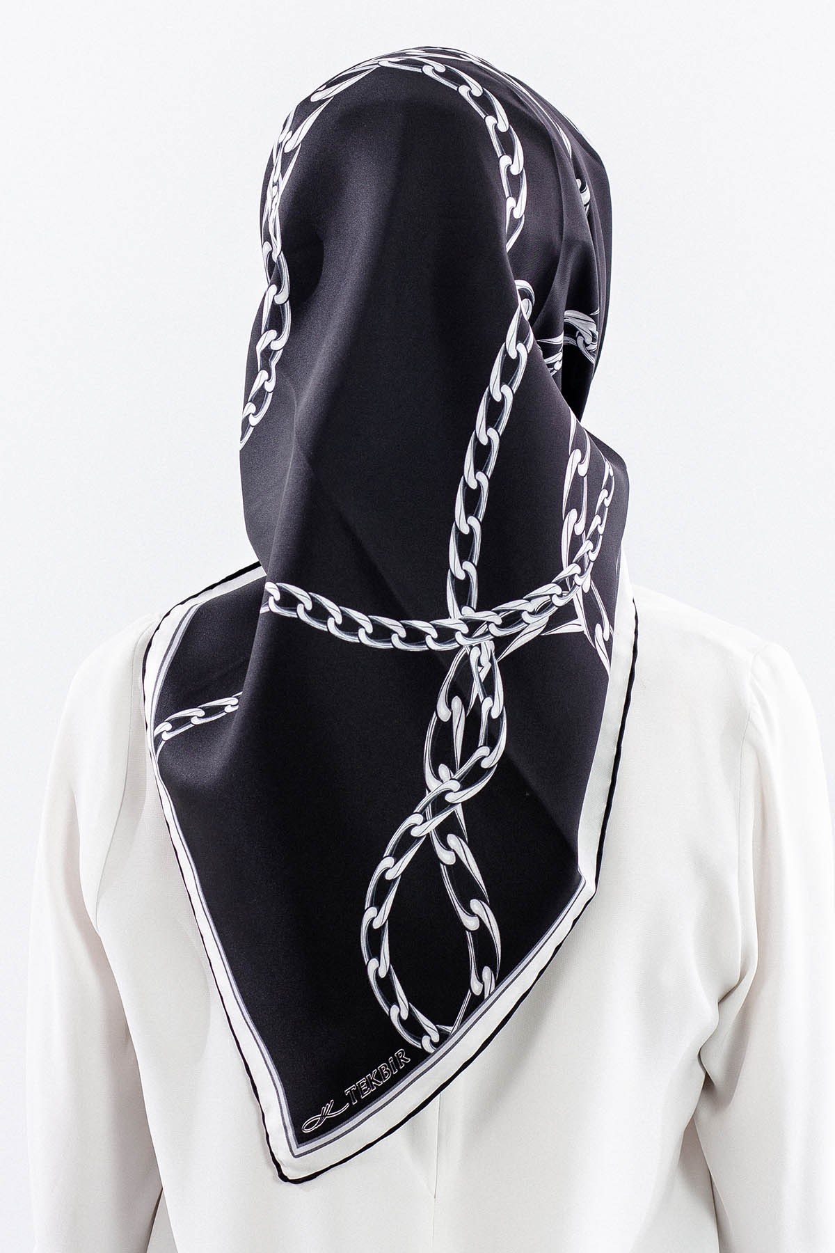 Dg18338 İpek Eşarp Zincir Twill Kumaş - Siyah Gri