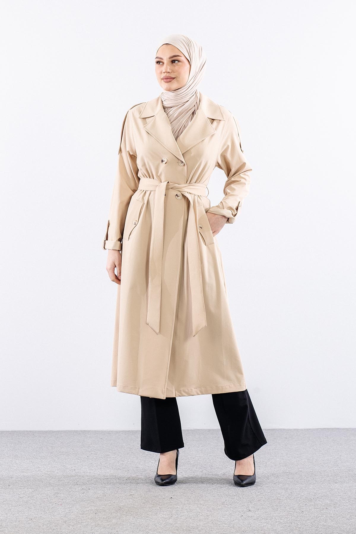 G-1513 Trençkot 38-46 42 Beden Çift - Bej