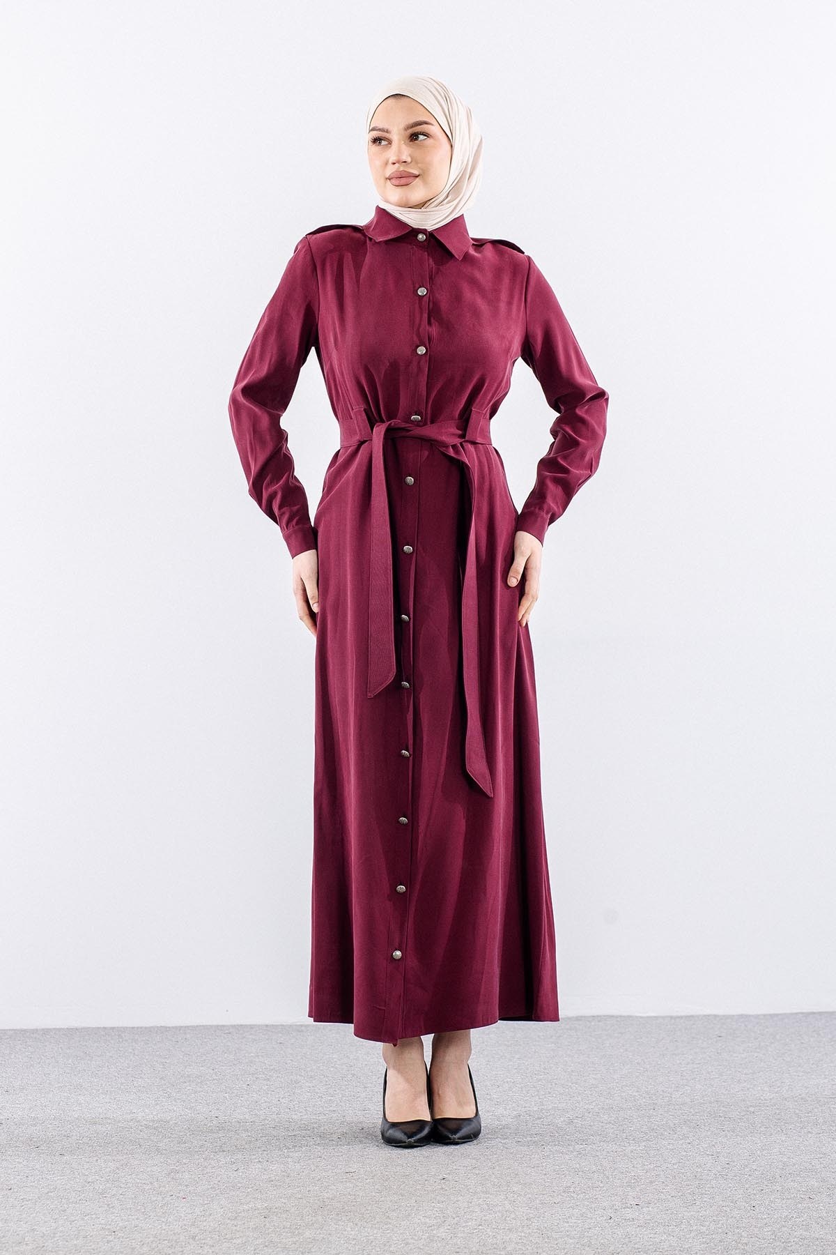 G-1609 Elbise 38-48 Tam Boy Düğme - Bordo
