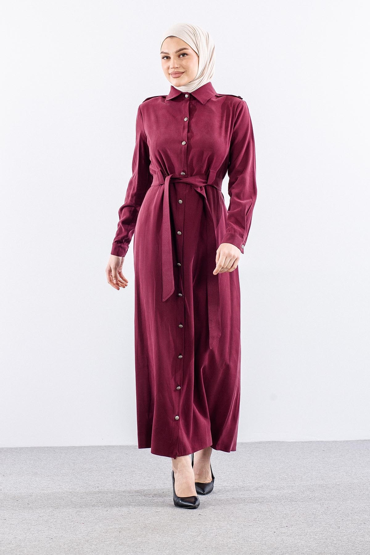 G-1609 Elbise 38-48 Tam Boy Düğme - Bordo