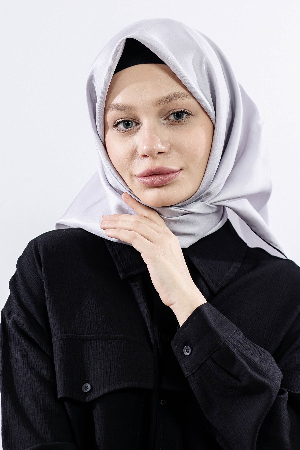 Twill İpek Eşarp Sade - Gümüş Siyah