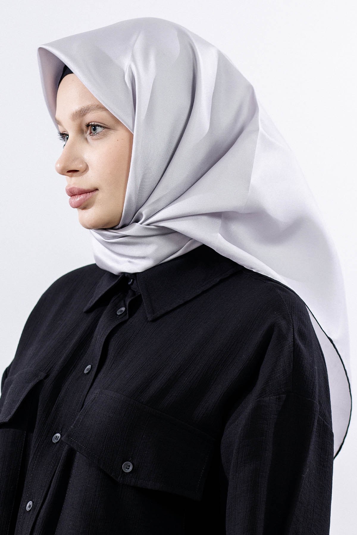 Twill İpek Eşarp Sade - Gümüş Siyah