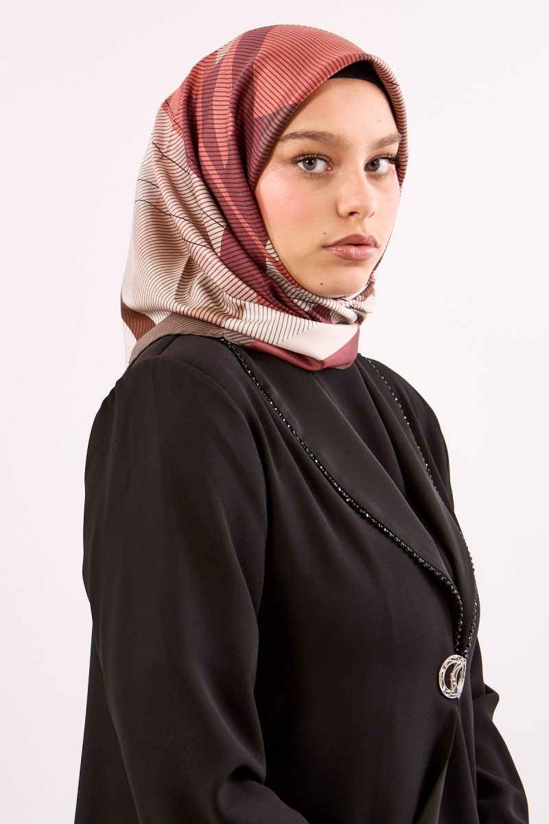 3838 İpek Eşarp Twill İpek Çizgi Desen - Kahve