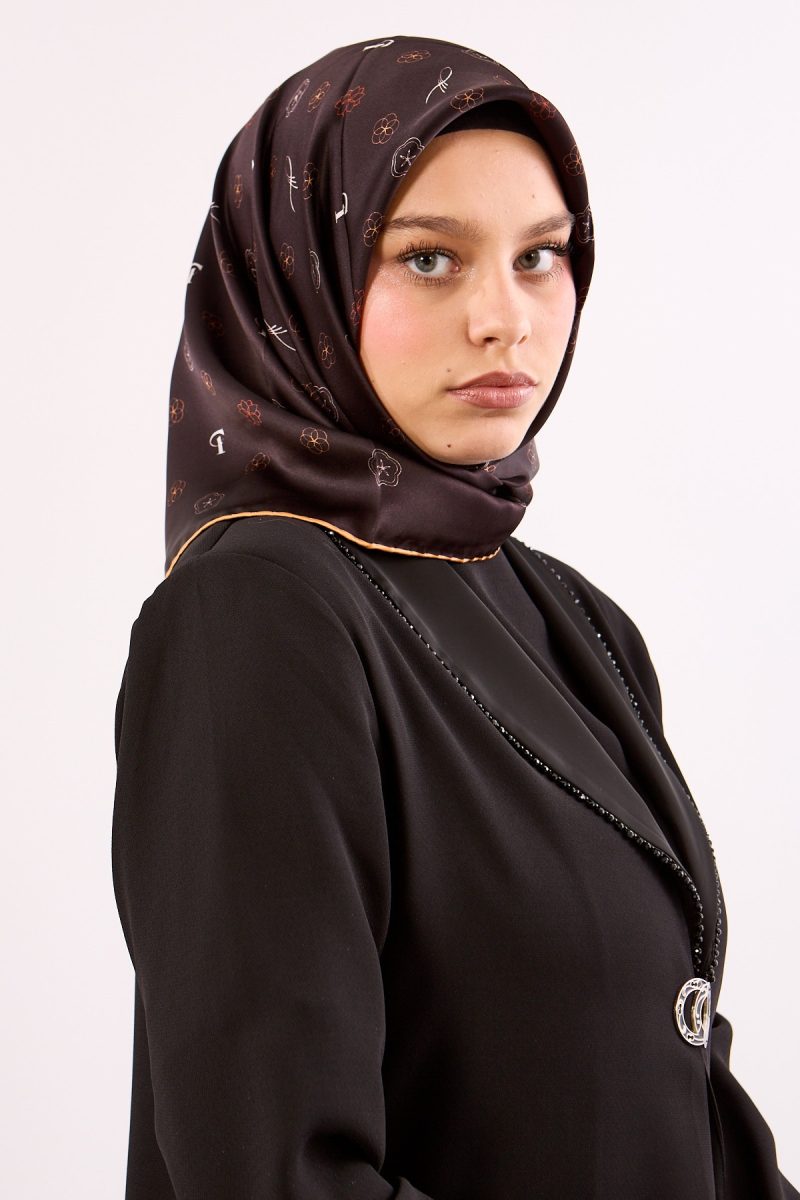 4638 İpek Eşarp Sura Kumaş Logo Desen - Kahve