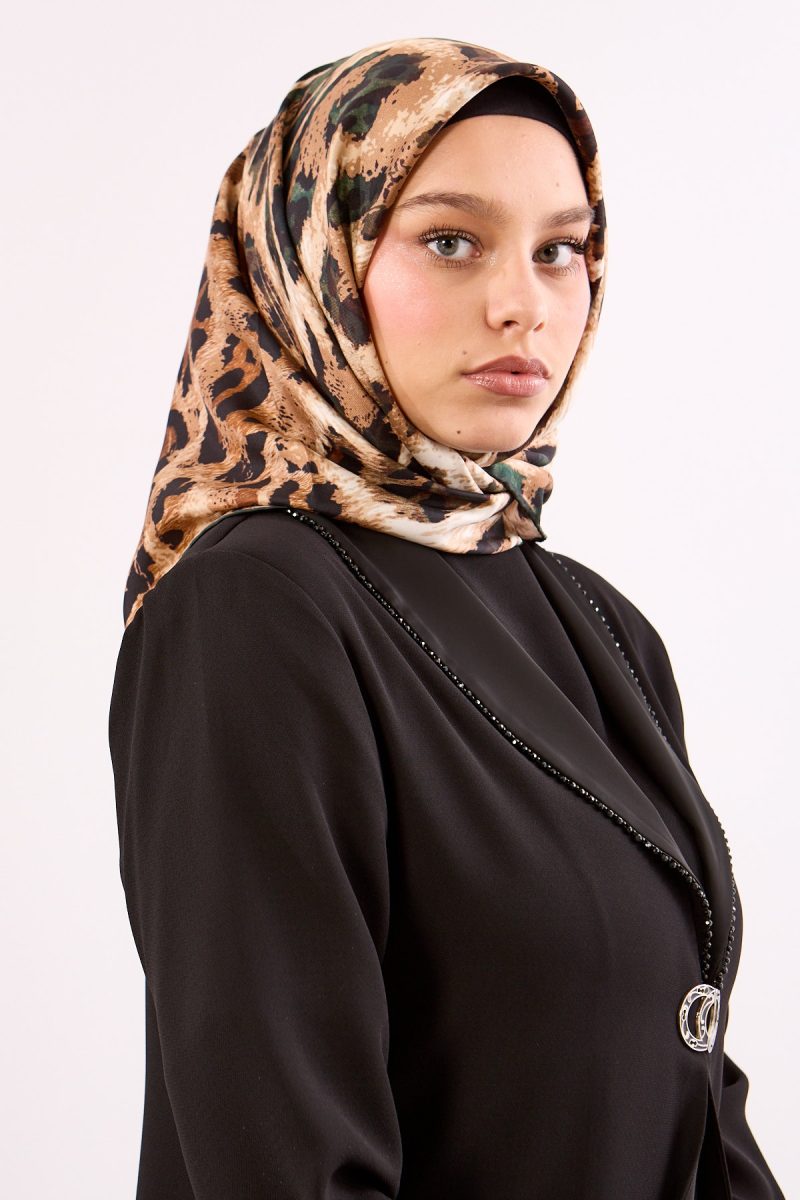 Dg11465 İpek Eşarp Twill Kumaş Leopar Desen - Yeşil
