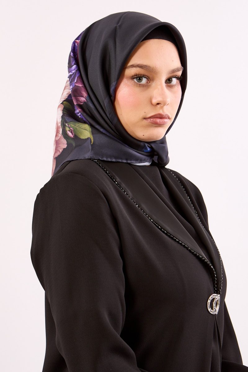 Dg18337 İpek Eşarp Twill Kumaş Çizgi Çiçek Desen - Lacivert Pudra