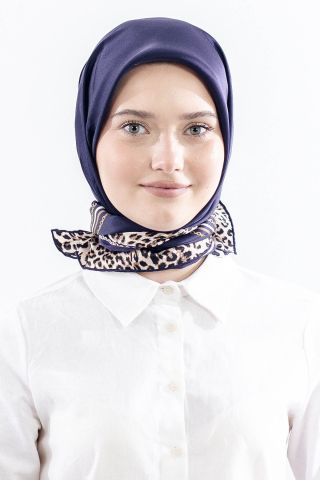 10748 İpek Eşarp Sura Kumaş Kenarı Leopar - Lacivert