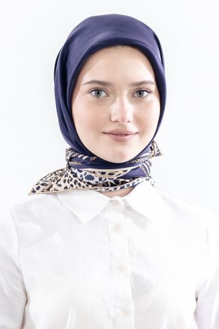 10748 İpek Eşarp Sura Kumaş Kenarı Leopar - Saks