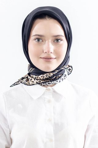10748 İpek Eşarp Sura Kumaş Kenarı Leopar - Siyah